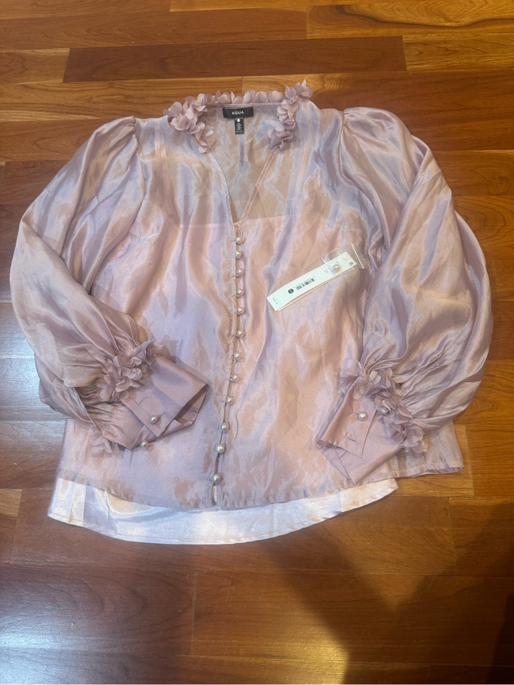 Aqua Dusty Rose Satin Pearl-Button Blouse